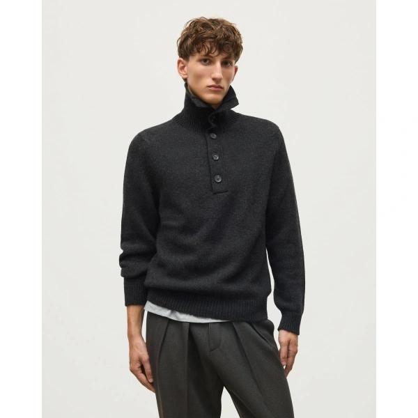 Johnstons of Elgin Douglas Button Neck Dark Grey Cashmere Jumper