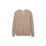 Johnstons of Elgin Fin Light Brown V Neck Superfine Cashmere Jumper | Men Knitwear | Coveti