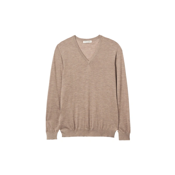 Johnstons of Elgin Fin Light Brown V Neck Superfine Cashmere Jumper | Men Knitwear | Coveti