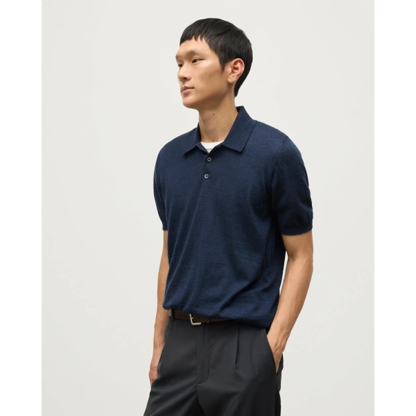 Johnstons of Elgin Fin Navy Superfine Cashmere Short Sleeve Polo Shirt