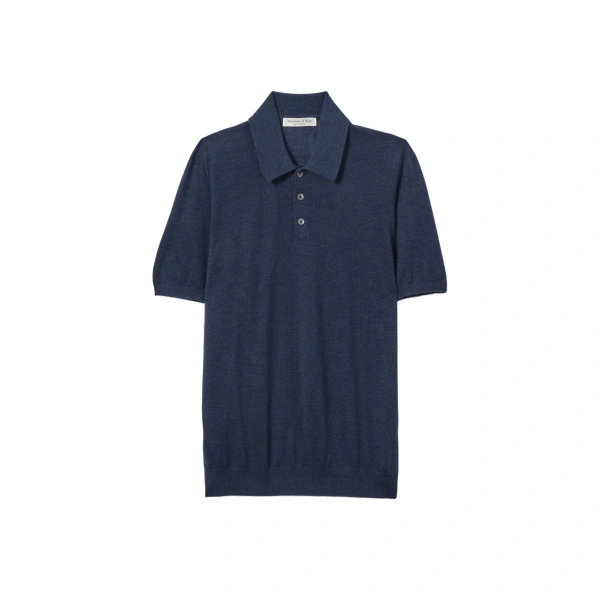 Johnstons of Elgin Fin Navy Superfine Cashmere Short Sleeve Polo Shirt | Men Knitwear | Coveti