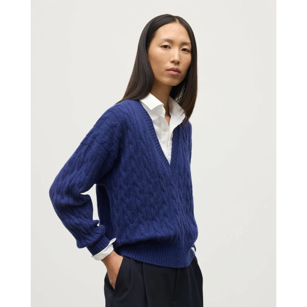 Johnstons of Elgin Kylesku Deep V Blue Cashmere Jumper