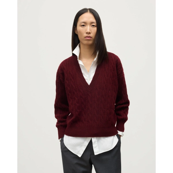 Johnstons of Elgin Kylesku Deep V Dark Red Cashmere Jumper