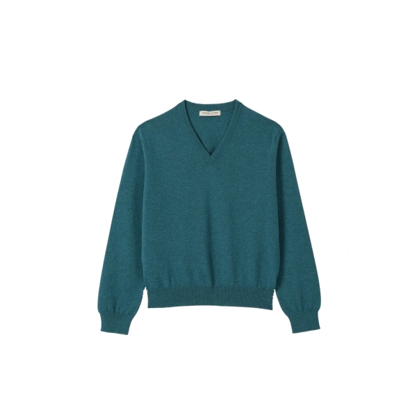 Johnstons of Elgin Lunan Classic Green Cashmere V Neck Jumper | Sweaters | Coveti