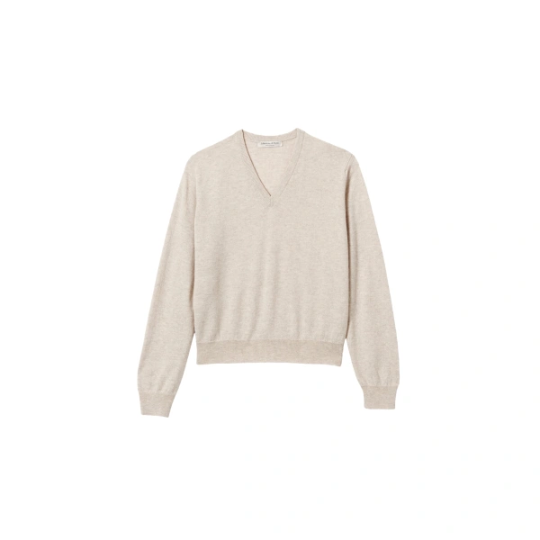 Johnstons of Elgin Lunan Natural Classic Cashmere V Neck Jumper | Sweaters | Coveti