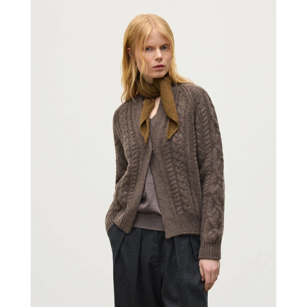 Johnstons of Elgin Mabel Brown Aran Cable Cashmere Cardigan