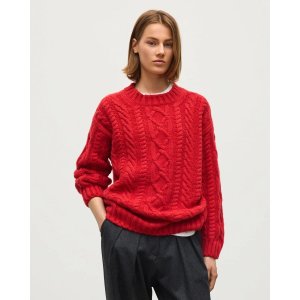 Johnstons of Elgin Mabel Red Aran Cable Cashmere Jumper