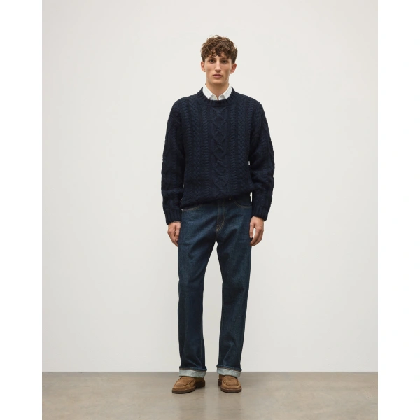 Johnstons of Elgin MacDonald Dark Blue Aran Cable Cashmere Jumper