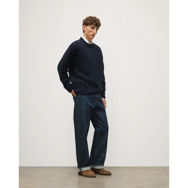 Johnstons of Elgin MacDonald Dark Blue Aran Cable Cashmere Jumper