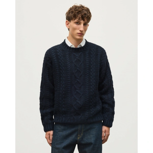 Johnstons of Elgin MacDonald Dark Blue Aran Cable Cashmere Jumper