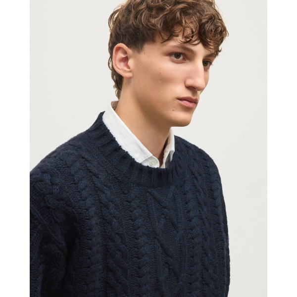 Johnstons of Elgin MacDonald Dark Blue Aran Cable Cashmere Jumper