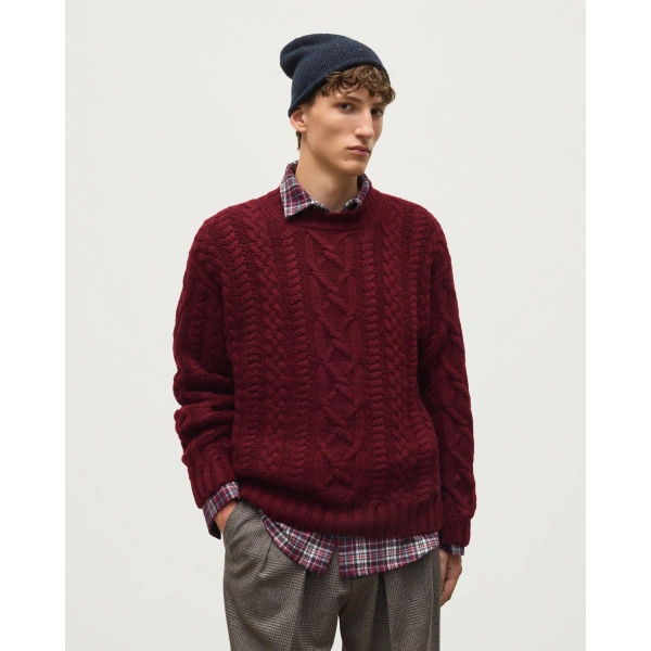 Johnstons of Elgin MacDonald Dark Red Aran Cable Cashmere Jumper