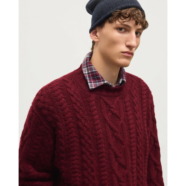 Johnstons of Elgin MacDonald Dark Red Aran Cable Cashmere Jumper