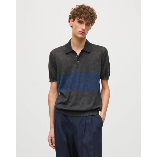 Johnstons of Elgin Mack Grey & Navy Superfine Cashmere Polo Shirt