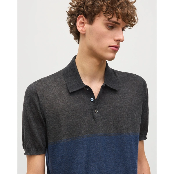 Johnstons of Elgin Mack Grey & Navy Superfine Cashmere Polo Shirt