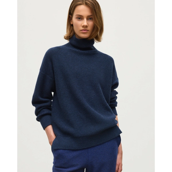 Johnstons of Elgin Maggie Reverse Stitch Roll Neck Navy Cashmere Jumper