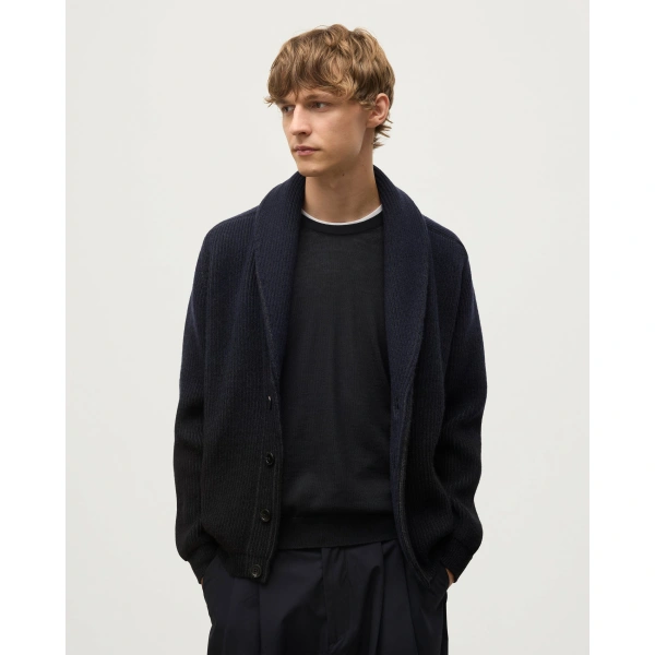 Johnstons of Elgin Pioneer Navy to Black Shawl Collar Cashmere Cardigan
