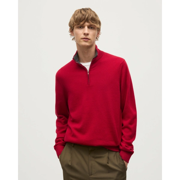 Johnstons of Elgin Red & Grey Cashmere Contrast Zip Neck Jumper