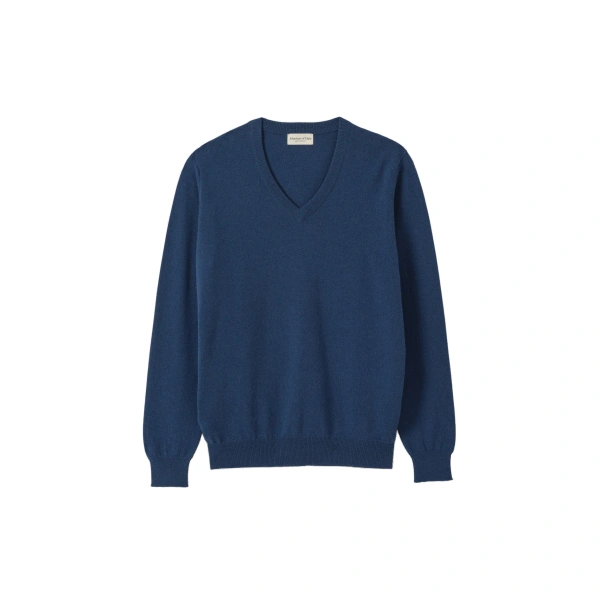 Johnstons of Elgin Reuben Blue Cashmere V Neck Jumper | Men Knitwear | Coveti