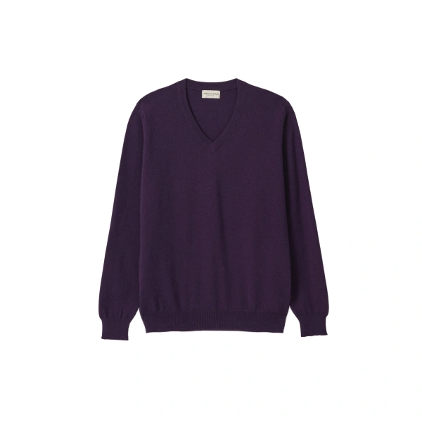 Johnstons of Elgin Reuben Purple Cashmere V Neck Jumper | Men Knitwear | Coveti