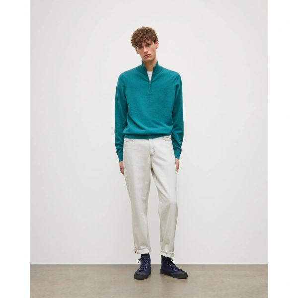 Johnstons of Elgin Rory Green & Grey Classic Cashmere Contrast Zip Neck Jumper