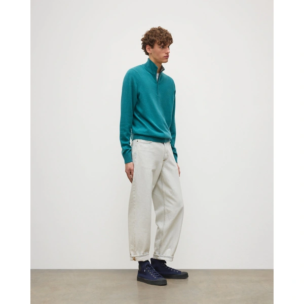 Johnstons of Elgin Rory Green & Grey Classic Cashmere Contrast Zip Neck Jumper