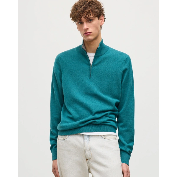 Johnstons of Elgin Rory Green & Grey Classic Cashmere Contrast Zip Neck Jumper