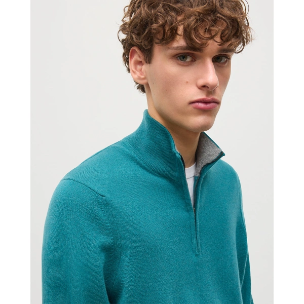 Johnstons of Elgin Rory Green & Grey Classic Cashmere Contrast Zip Neck Jumper