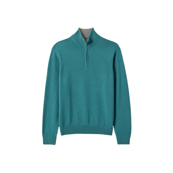 Johnstons of Elgin Rory Green & Grey Classic Cashmere Contrast Zip Neck Jumper | Men Knitwear | Coveti