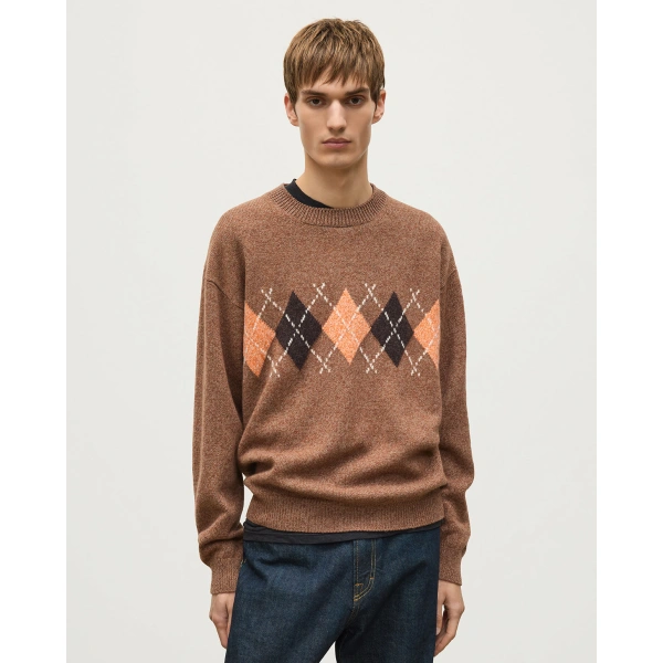 Johnstons of Elgin Rusky Brown Argyle Lambswool Jumper