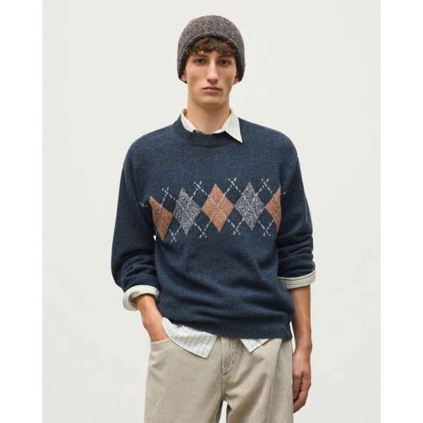 Johnstons of Elgin Rusky Grey Argyle Lambswool Jumper