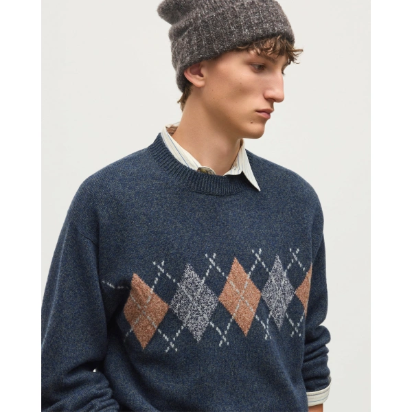 Johnstons of Elgin Rusky Grey Argyle Lambswool Jumper