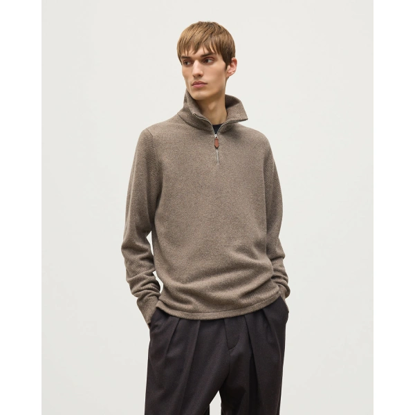 Johnstons of Elgin Tweel Brown Cashmere Half Zip Jumper