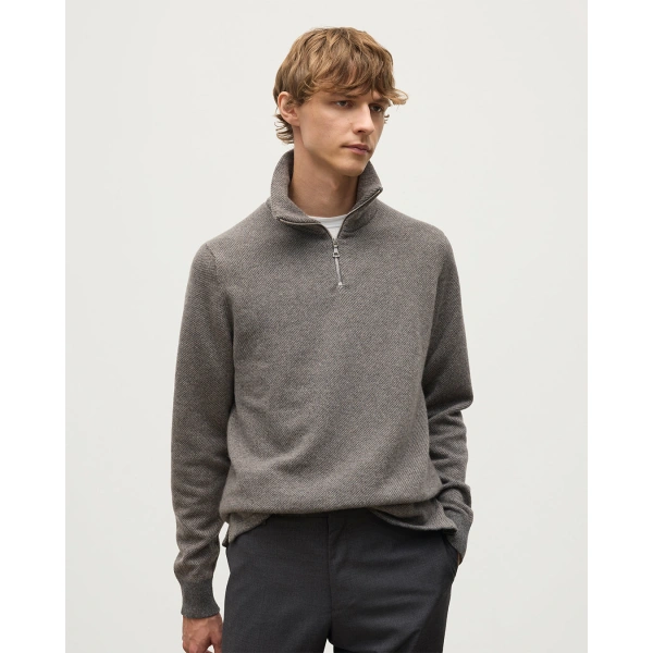 Johnstons of Elgin Tweel Grey & Brown Cashmere Half Zip Jumper
