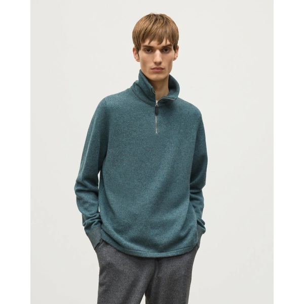 Johnstons of Elgin Tweel Grey & Green Cashmere Half Zip Jumper