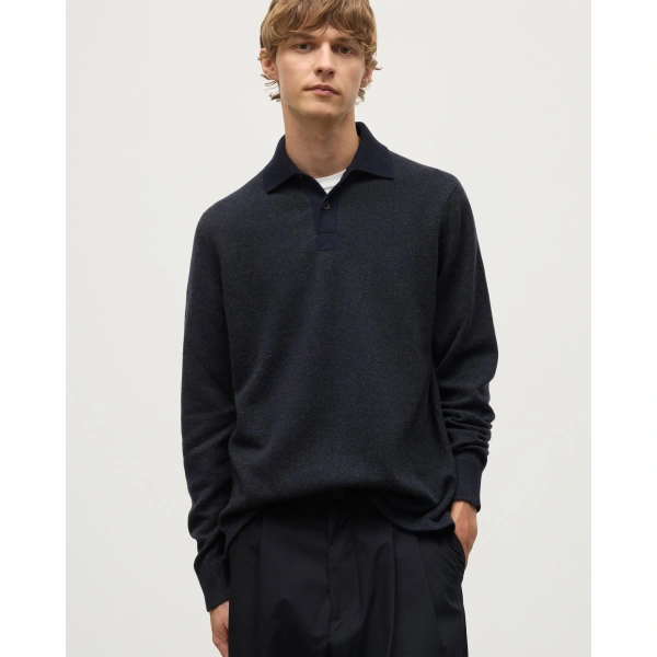 Johnstons of Elgin Tweel Navy & Grey Cashmere Rugby Shirt
