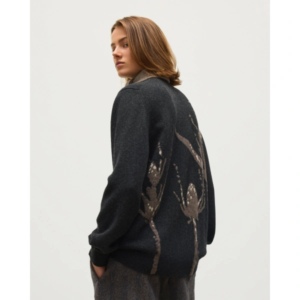 Johnstons of Elgin Wild Thistle Intarsia Dark Grey Cashmere Cardigan