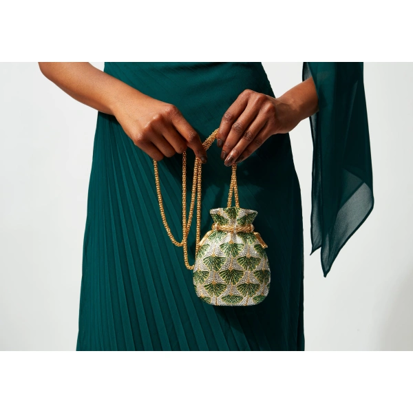 Judith Leiber Ginkgo Pouch Green Leaf Crystal Clutch, view 2
