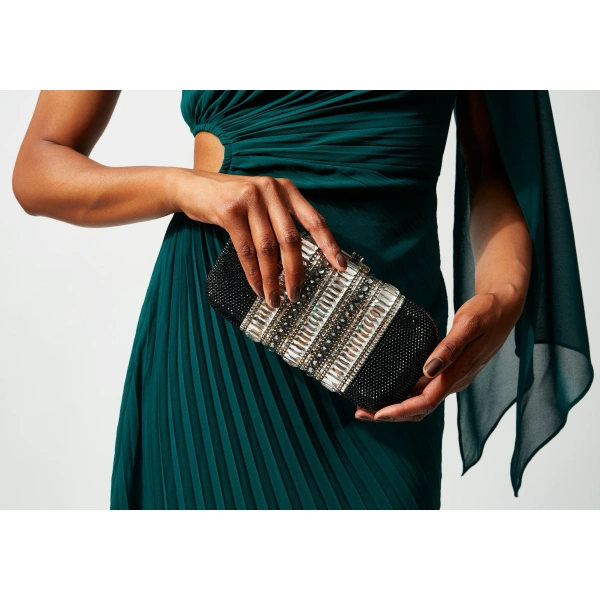 Judith Leiber Long Slide Gems Silver Black Crystal Clutch, view 2