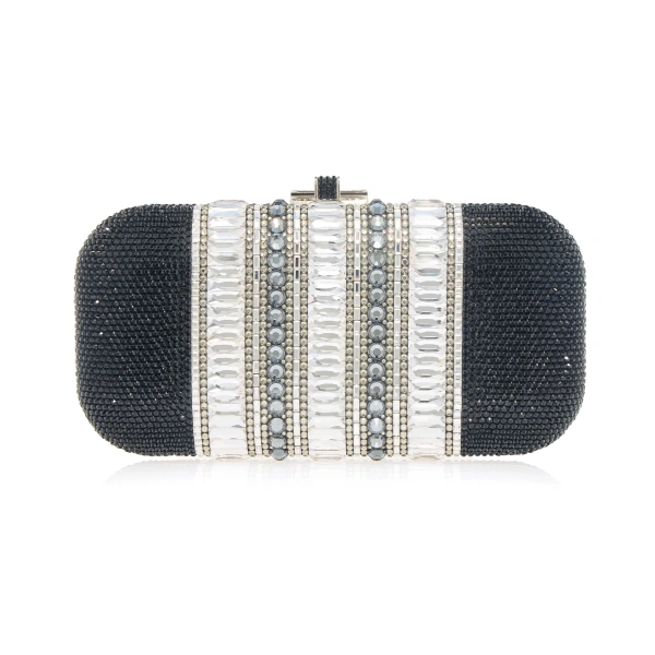 Judith Leiber Long Slide Gems Silver Black Crystal Clutch