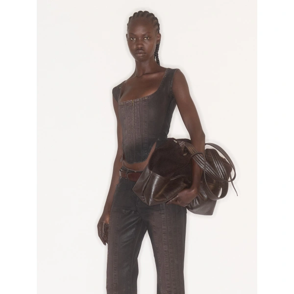 KNWLS Alice Denim Bustier in Brown Gloss | Corset & Bustier Tops | Coveti