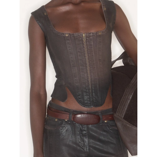 KNWLS Alice Denim Bustier in Brown Gloss | Corset & Bustier Tops | Coveti
