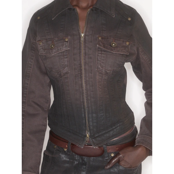 KNWLS Alice Denim Jacket in Brown Gloss | Denim Jackets | Coveti