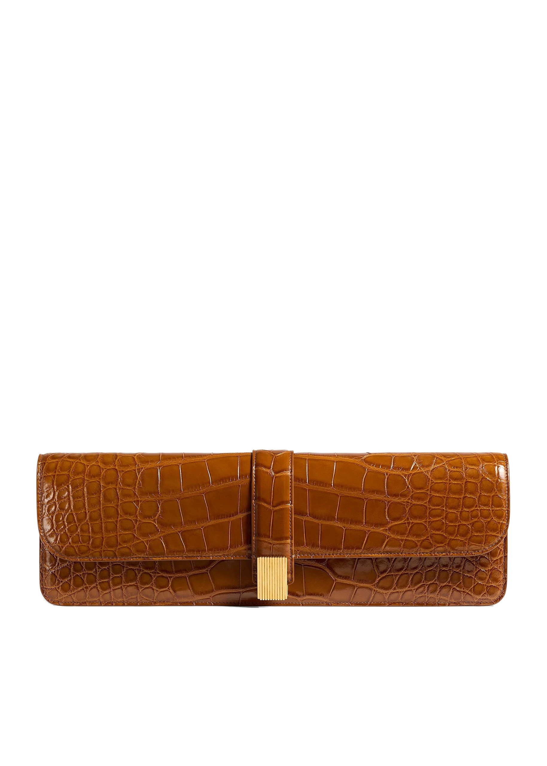 Khaite Blake Long Clutch in Dark Honey Alligator | Buy Bags at Coveti Khaite Blake Long Clutch in Dark Honey Alligator