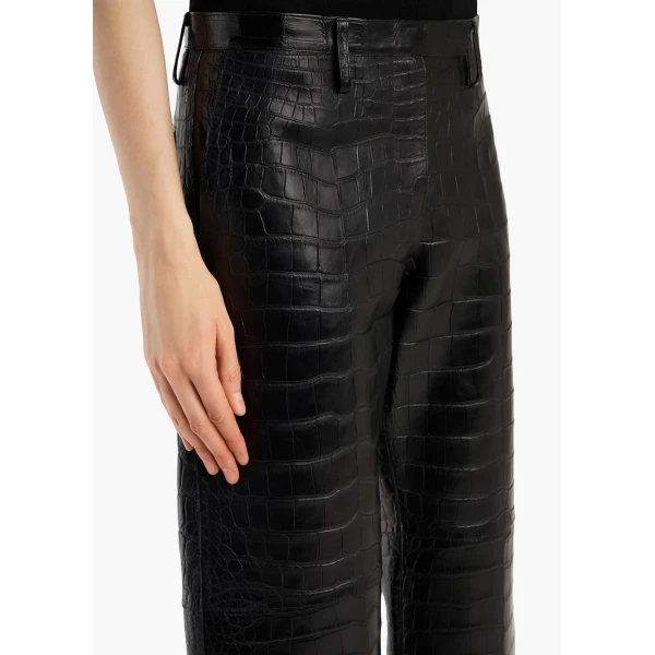 Khaite Hunter Pant in Black Croc-Embossed Leather | Pants | Coveti