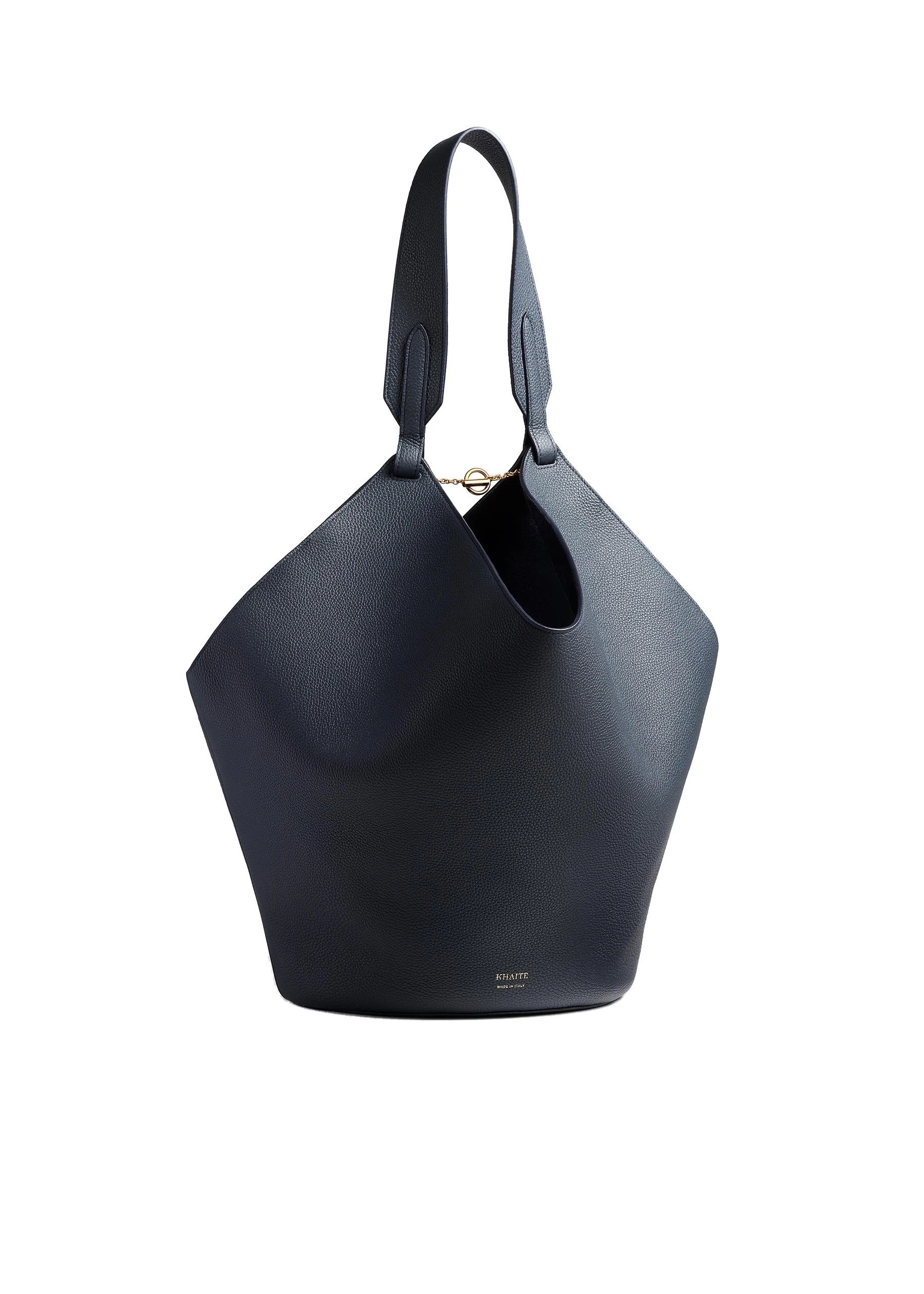 Khaite Medium Lotus Tote in Midnight Navy Pebbled Leather 0 Khaite Medium Lotus Tote in Midnight Navy Pebbled Leather | Totes & Top-Handle Bags | Coveti