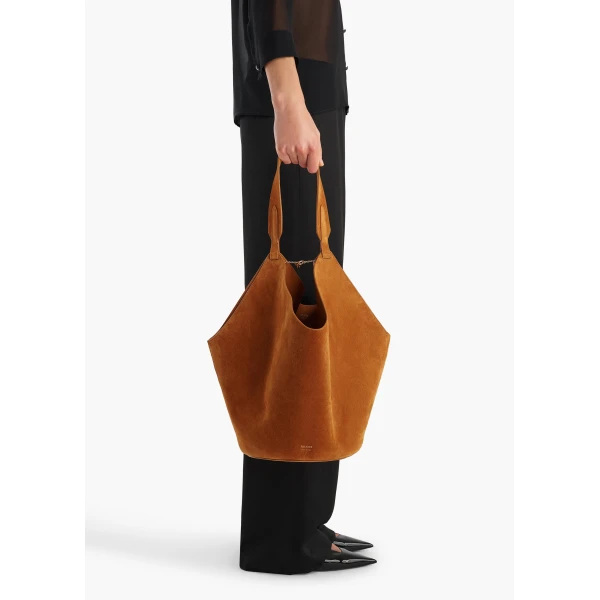 Khaite Medium Lotus Tote in Tan Suede | Totes & Top-Handle Bags | Coveti