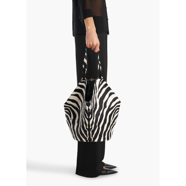 Khaite Medium Lotus Tote in Zebra Print Haircalf and Black Suede | Totes & Top-Handle Bags | Coveti