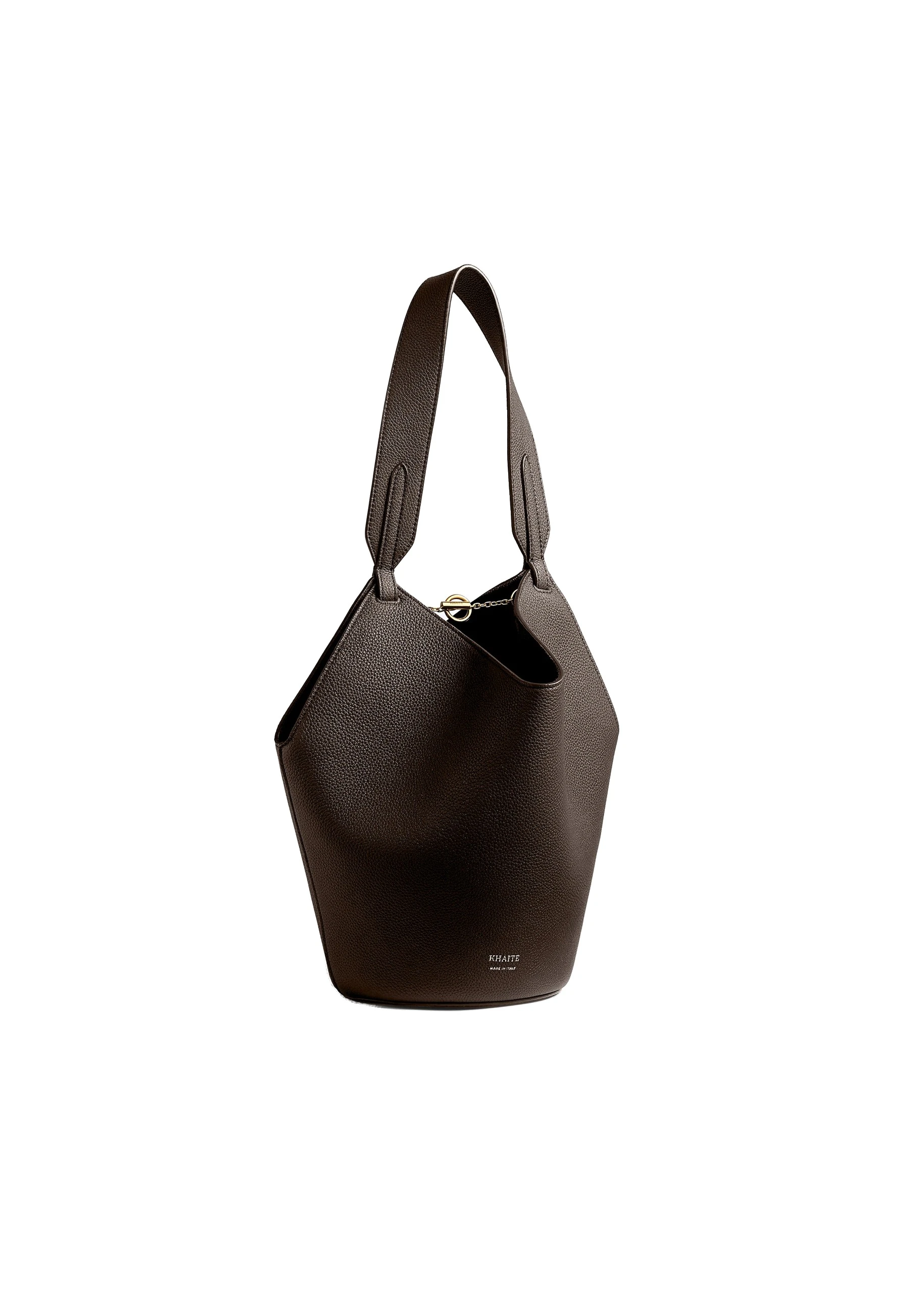 Khaite Mini Lotus Tote in Espresso Pebbled Leather 0 Khaite Mini Lotus Tote in Espresso Pebbled Leather | Totes & Top-Handle Bags | Coveti