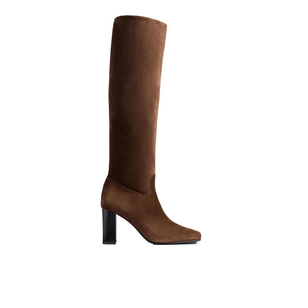 Khaite Petra Knee-High Boot in Ebano Suede | Boots | Coveti